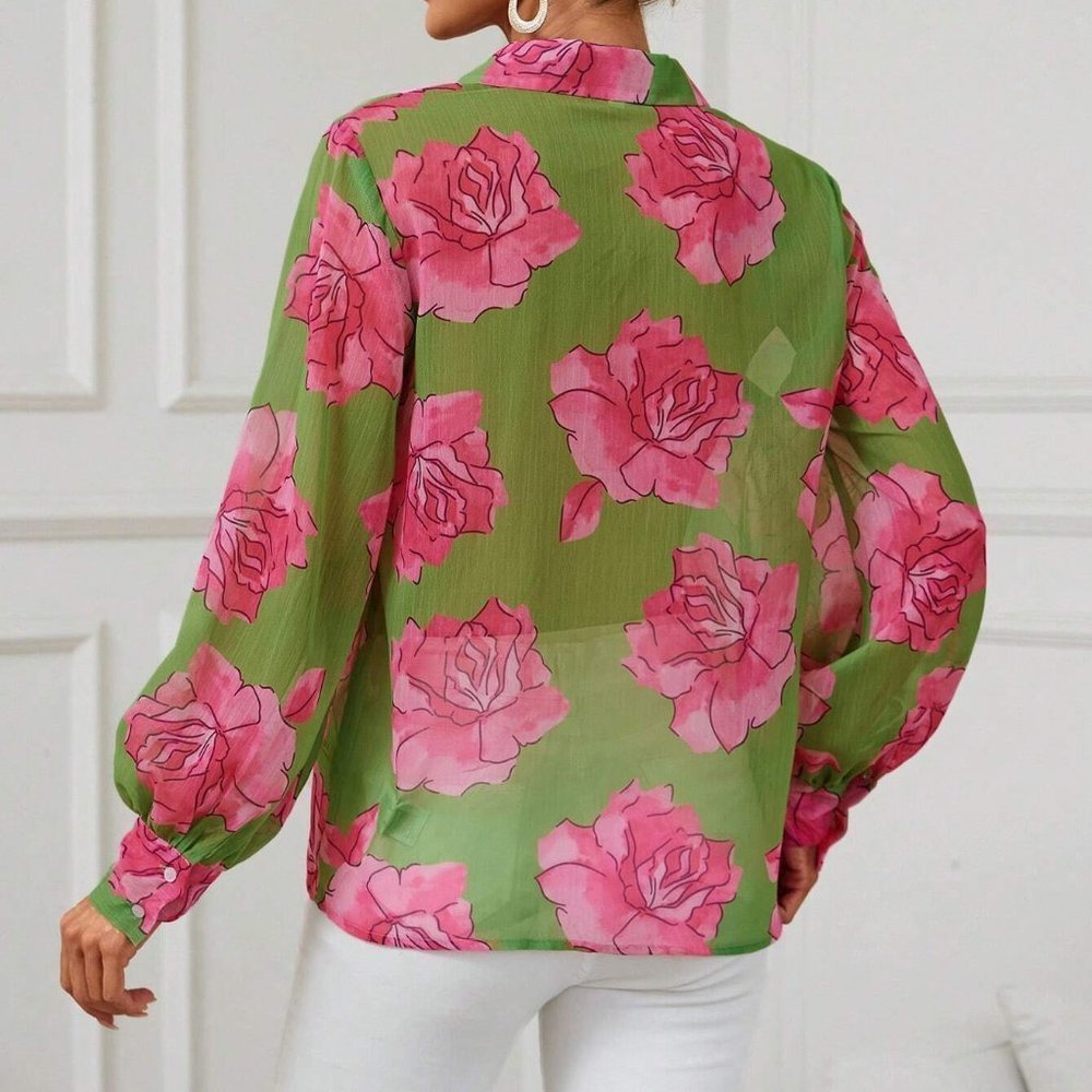 Floral Print Lantern Sleeve Shirt - Picture 3 of 5